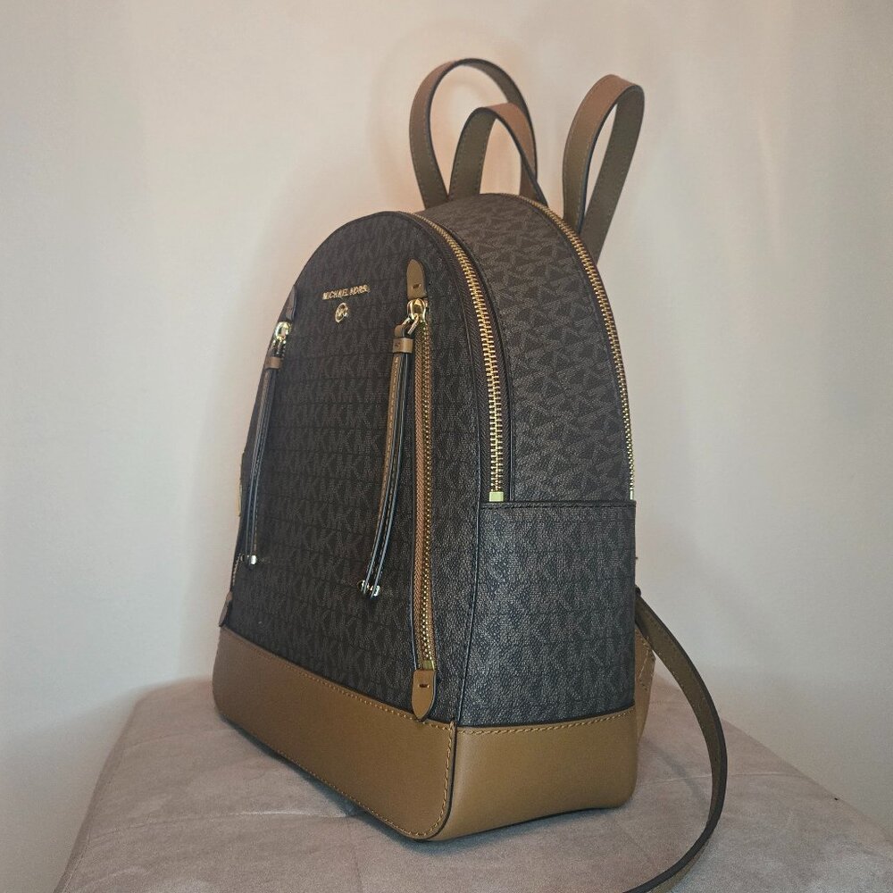 Michael Kors Brooklyn Medium Logo Backpack Purse Brown MK Monogram Leather - Picture 5 of 9